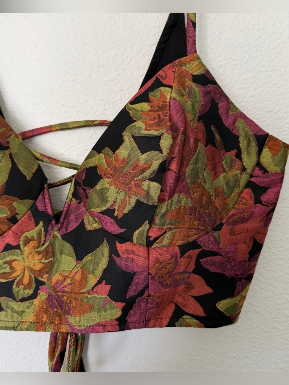 Black, purple, red, orange floral corset back crop top - Picture 2 of 3